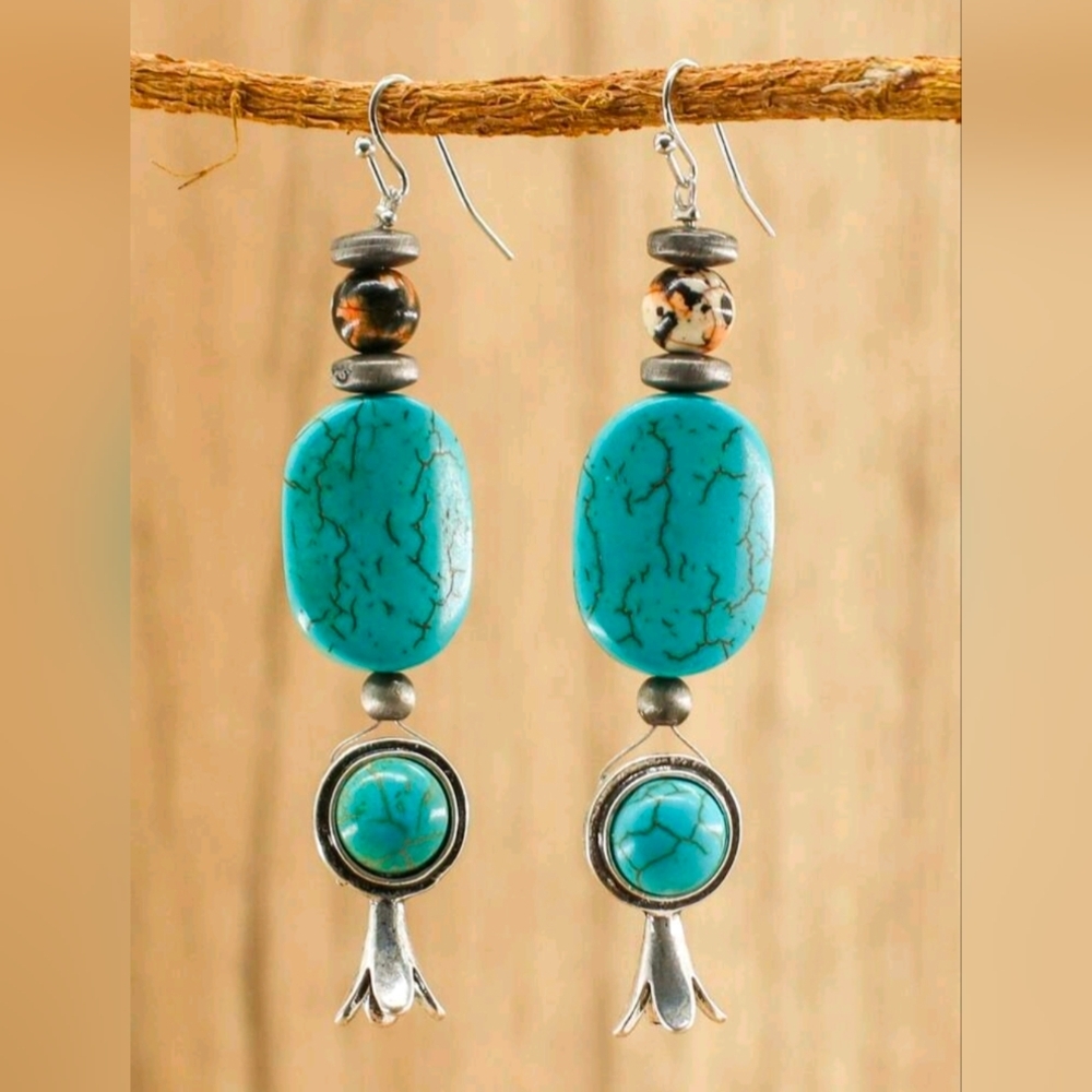 Bohemian Western Vintage Faux Turquoise and Silver Artisan Earrings